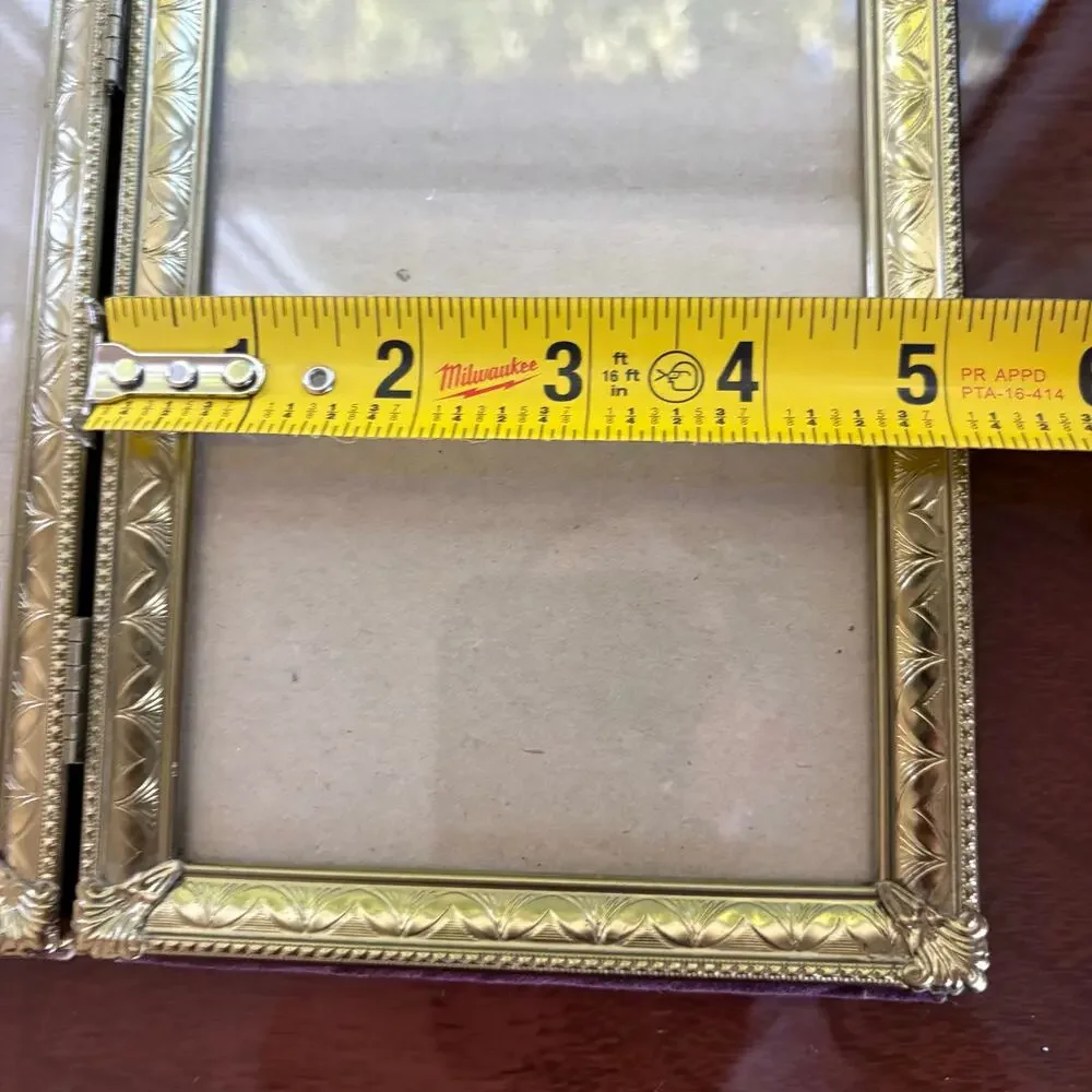 Vintage Hinged Double Picture Frame Gold Tone with Purple Velvet Back